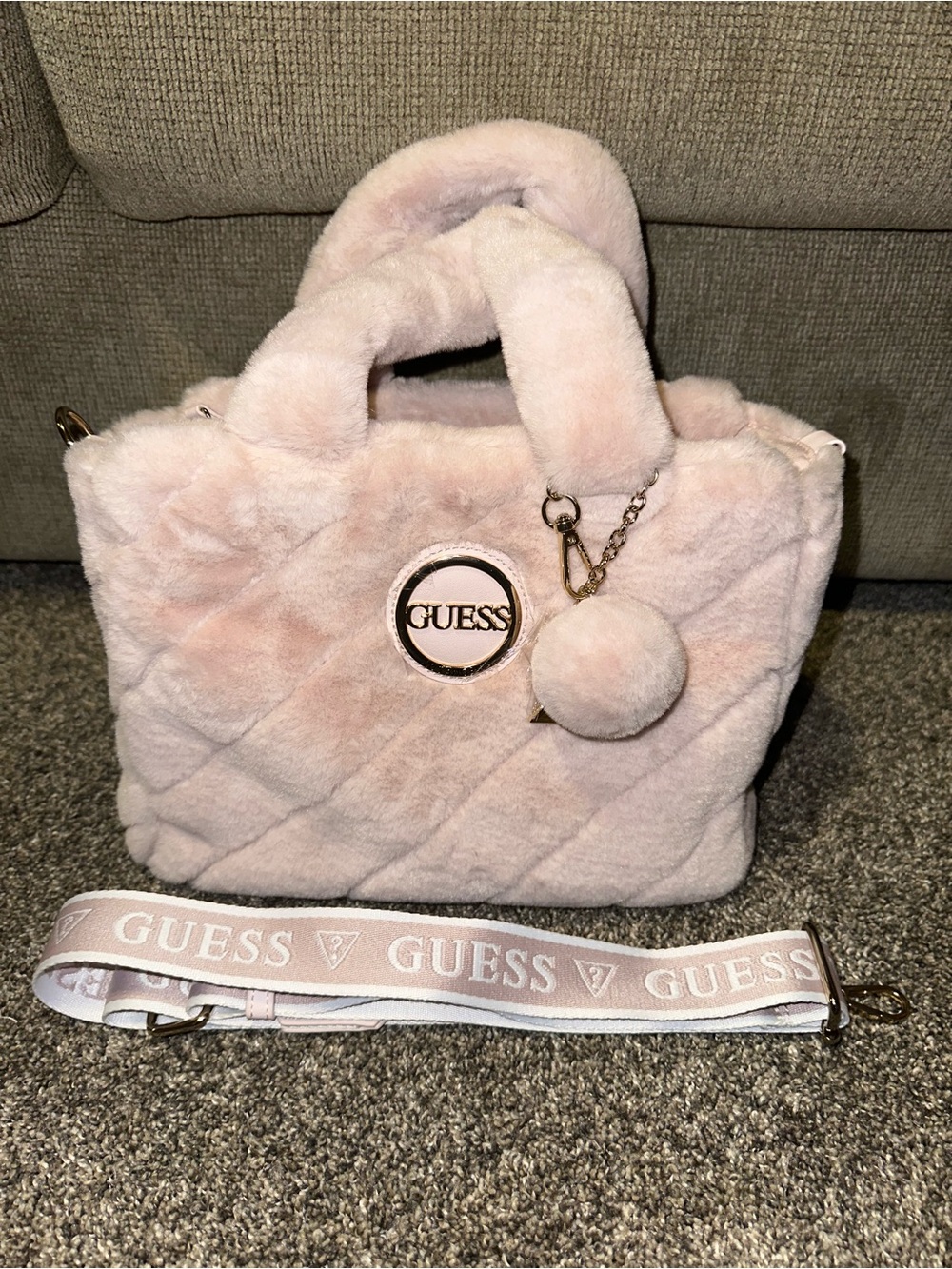 GUESS Light Pink Plush Quilted Satchel with Logo Charm